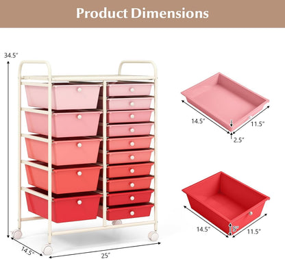15-Drawer Storage Drawer Carts - Mobile Rolling Utility Cart w/Wheels, Craft Organizer for Classroom Organization and Storage, School, Office, Home, Storage Organizer Cart (Gradient Pink)
