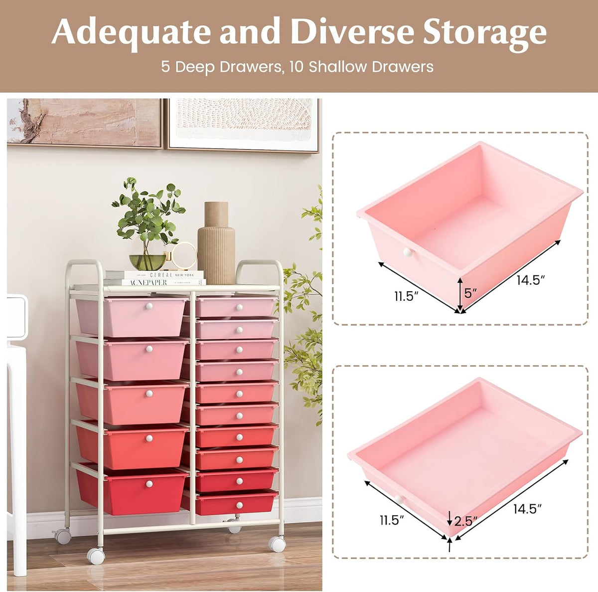 15-Drawer Storage Drawer Carts - Mobile Rolling Utility Cart w/Wheels, Craft Organizer for Classroom Organization and Storage, School, Office, Home, Storage Organizer Cart (Gradient Pink)