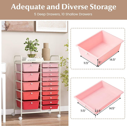 15-Drawer Storage Drawer Carts - Mobile Rolling Utility Cart w/Wheels, Craft Organizer for Classroom Organization and Storage, School, Office, Home, Storage Organizer Cart (Gradient Pink)