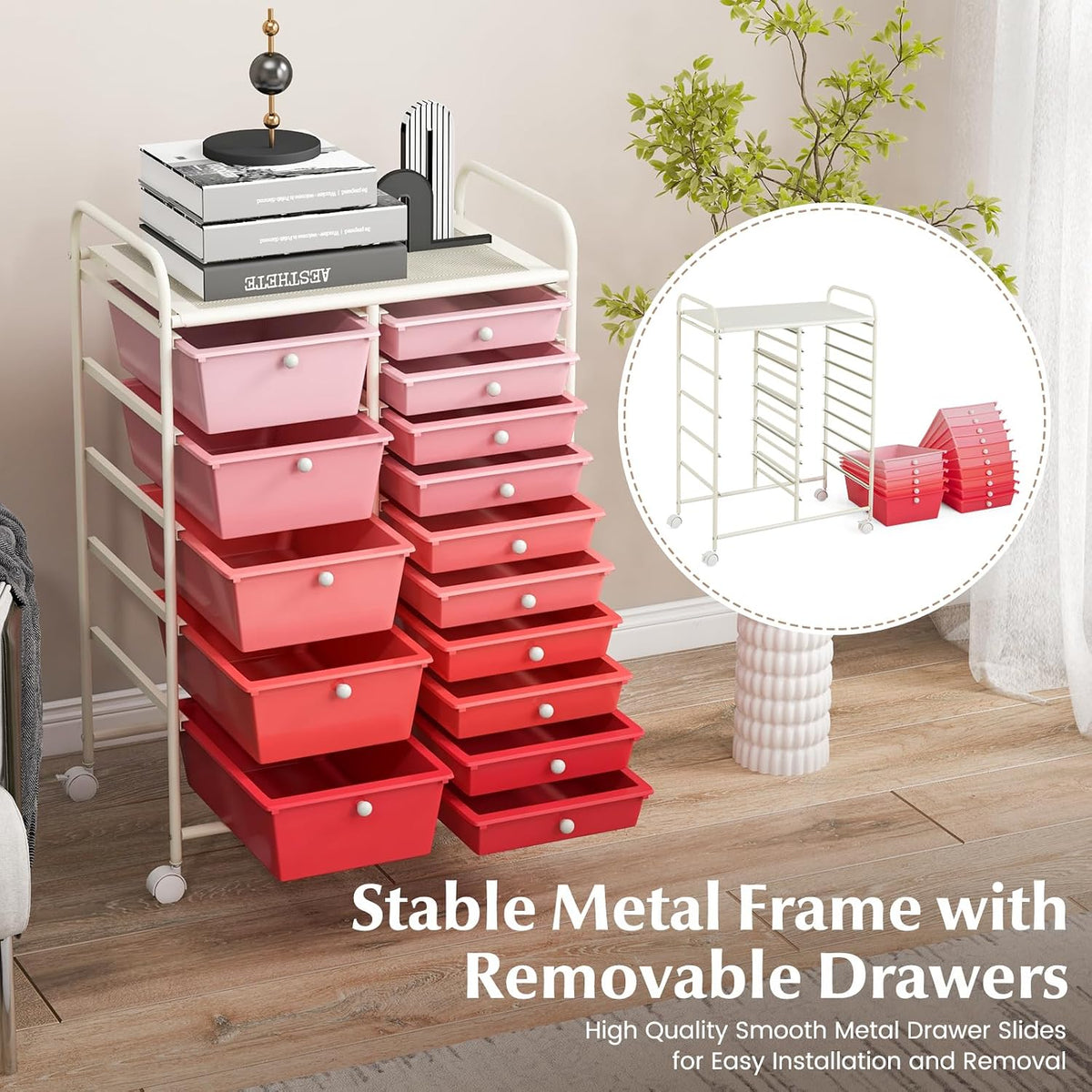 15-Drawer Storage Drawer Carts - Mobile Rolling Utility Cart w/Wheels, Craft Organizer for Classroom Organization and Storage, School, Office, Home, Storage Organizer Cart (Gradient Pink)