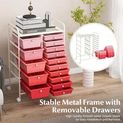 15-Drawer Storage Drawer Carts - Mobile Rolling Utility Cart w/Wheels, Craft Organizer for Classroom Organization and Storage, School, Office, Home, Storage Organizer Cart (Gradient Pink)