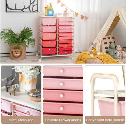 15-Drawer Storage Drawer Carts - Mobile Rolling Utility Cart w/Wheels, Craft Organizer for Classroom Organization and Storage, School, Office, Home, Storage Organizer Cart (Gradient Pink)