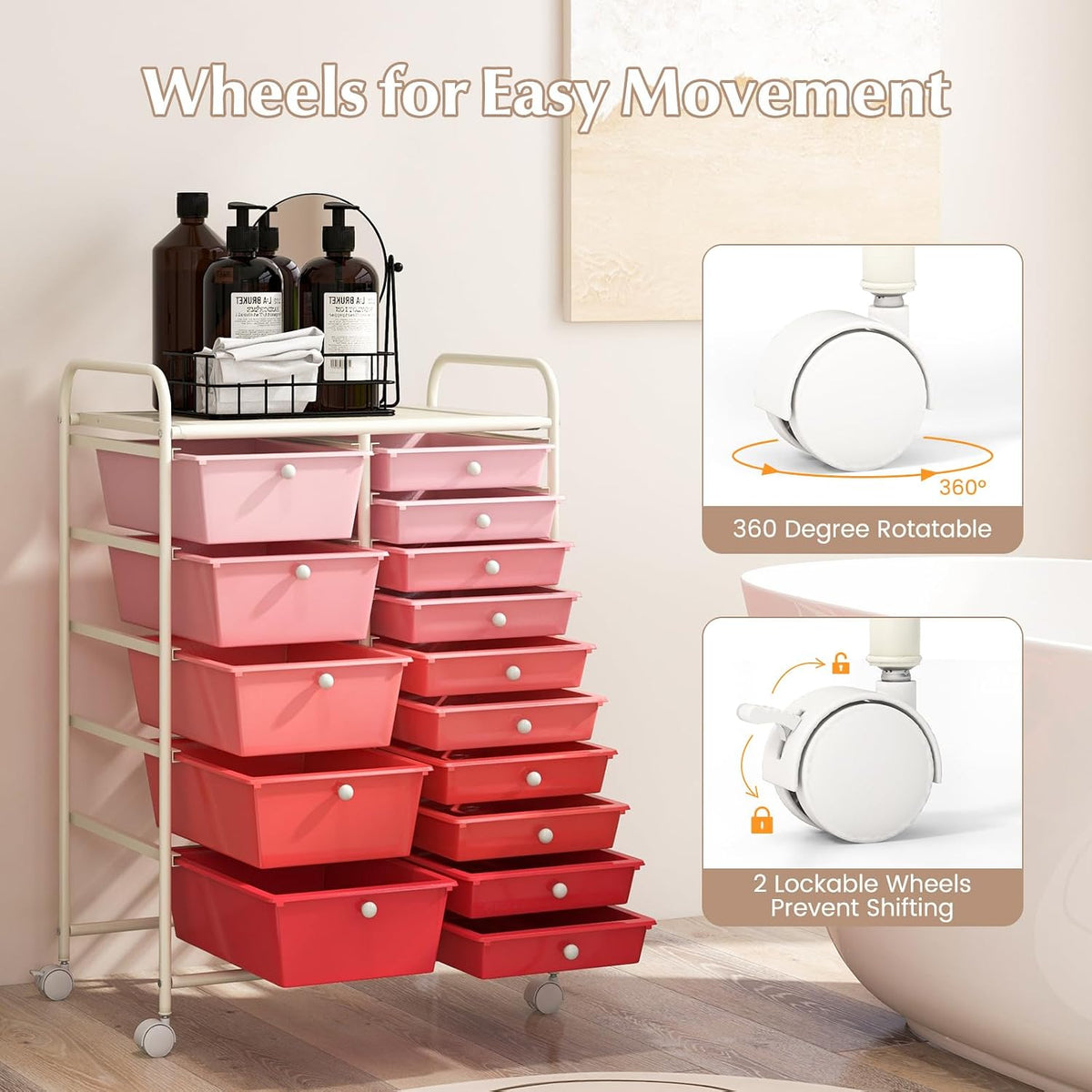 15-Drawer Storage Drawer Carts - Mobile Rolling Utility Cart w/Wheels, Craft Organizer for Classroom Organization and Storage, School, Office, Home, Storage Organizer Cart (Gradient Pink)
