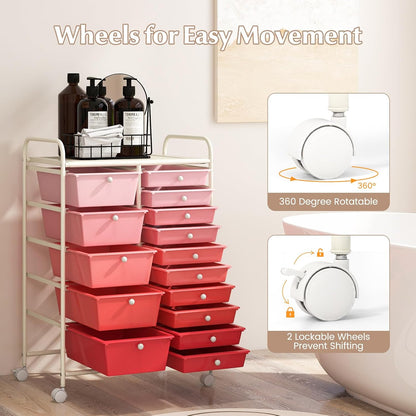 15-Drawer Storage Drawer Carts - Mobile Rolling Utility Cart w/Wheels, Craft Organizer for Classroom Organization and Storage, School, Office, Home, Storage Organizer Cart (Gradient Pink)