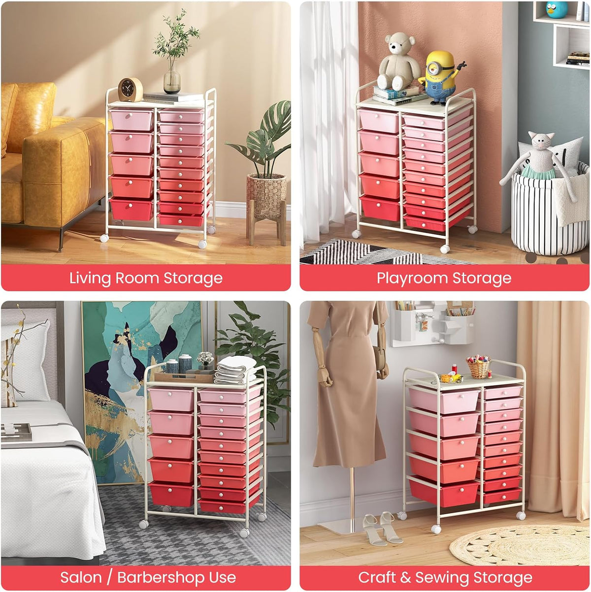 15-Drawer Storage Drawer Carts - Mobile Rolling Utility Cart w/Wheels, Craft Organizer for Classroom Organization and Storage, School, Office, Home, Storage Organizer Cart (Gradient Pink)