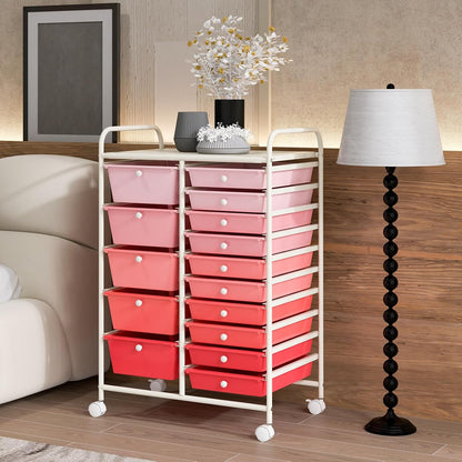 15-Drawer Storage Drawer Carts - Mobile Rolling Utility Cart w/Wheels, Craft Organizer for Classroom Organization and Storage, School, Office, Home, Storage Organizer Cart (Gradient Pink)
