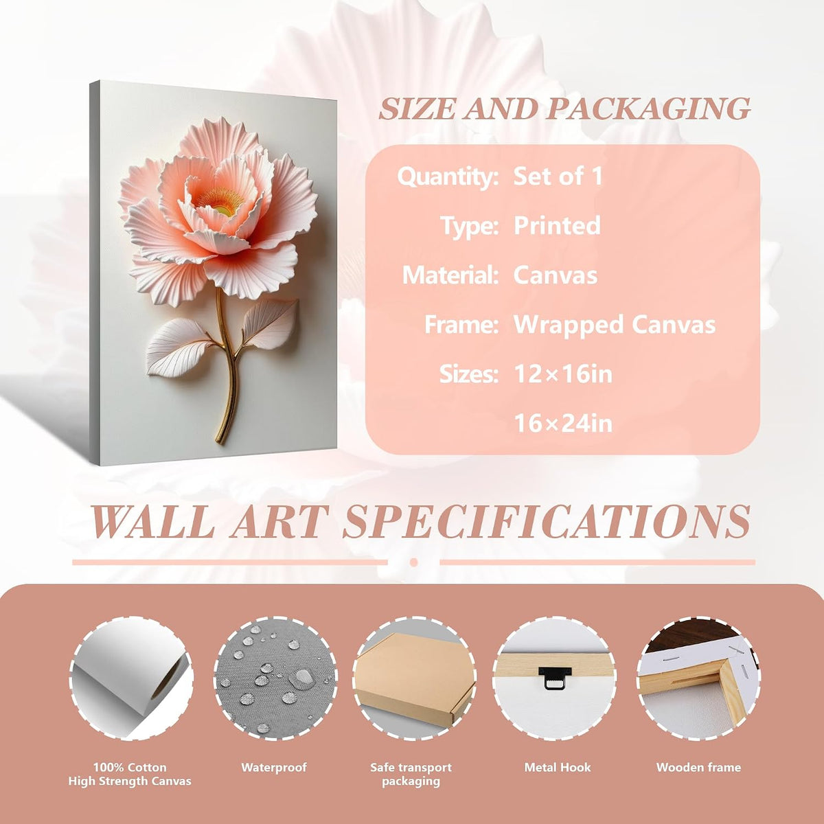 Framed Pink Floral Canvas Wall Art Modern Bedroom Decor 12 x 16 Inch