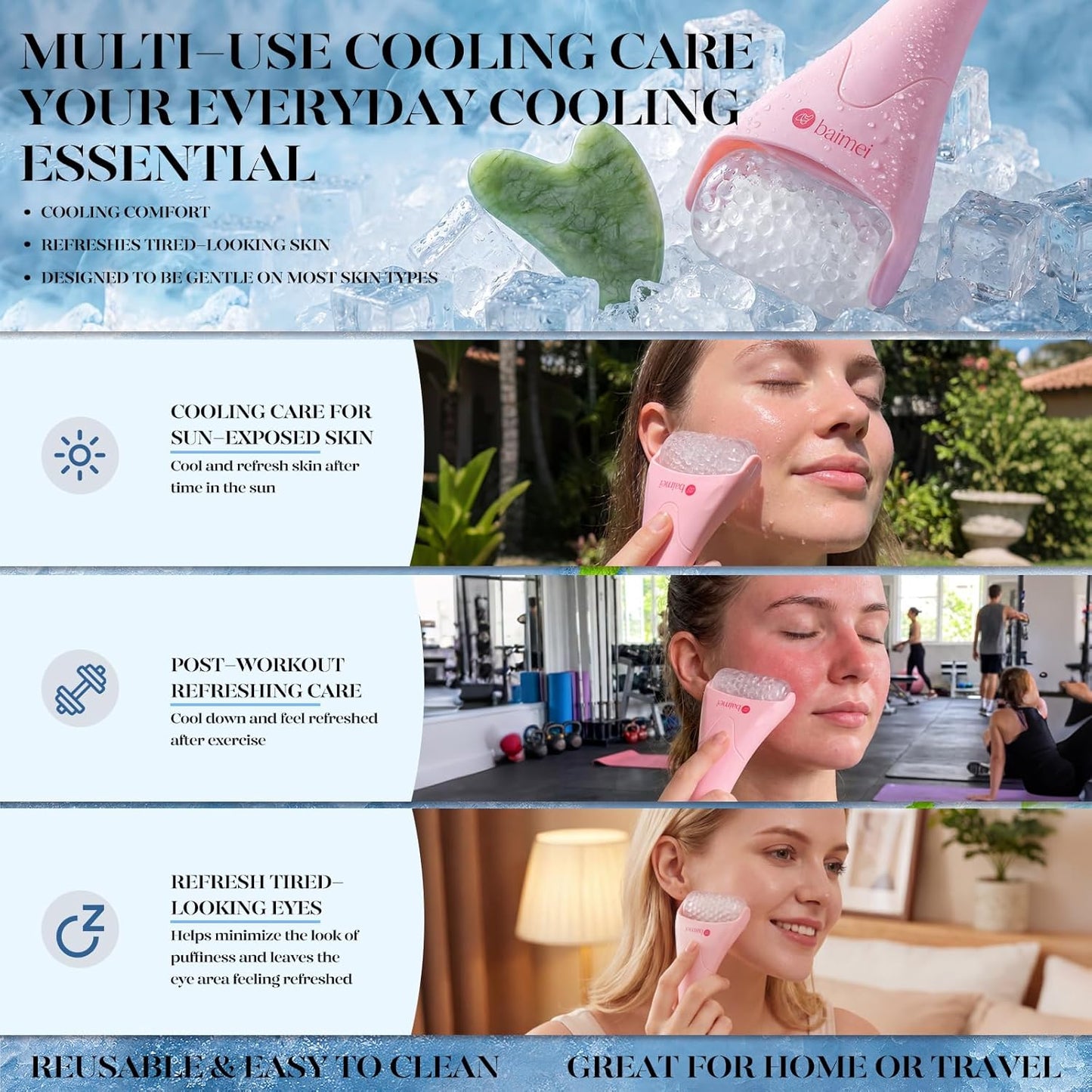 IcyMe Ice Roller for Face and Gua Sha Facial Tool Set, Ice Face Roller Reduces Puffiness Relieves Migraines Skin Care Tools, Self Care for Women - Pink