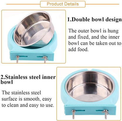 kathson Crate Dog Bowl, Removable Stainless Steel Hanging Pet Cage Bowl Food & Water Feeder Coop Cup for Cat, Puppy, Birds, Rats, Guinea Pigs (2pcs, Pink and Blue)