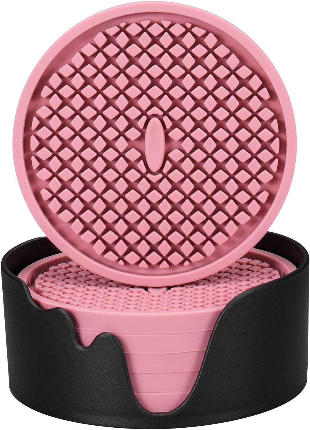 Silicone Coasters [6 Pack] Thickened Drink Coasters with Holder - Cup Mat - Non-Slip, Non-stick, Stay Put, Deep Tray - Prevents Furniture and Tabletop Damages(Pink)