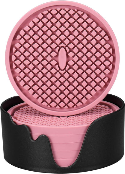 Silicone Coasters [6 Pack] Thickened Drink Coasters with Holder - Cup Mat - Non-Slip, Non-stick, Stay Put, Deep Tray - Prevents Furniture and Tabletop Damages(Pink)