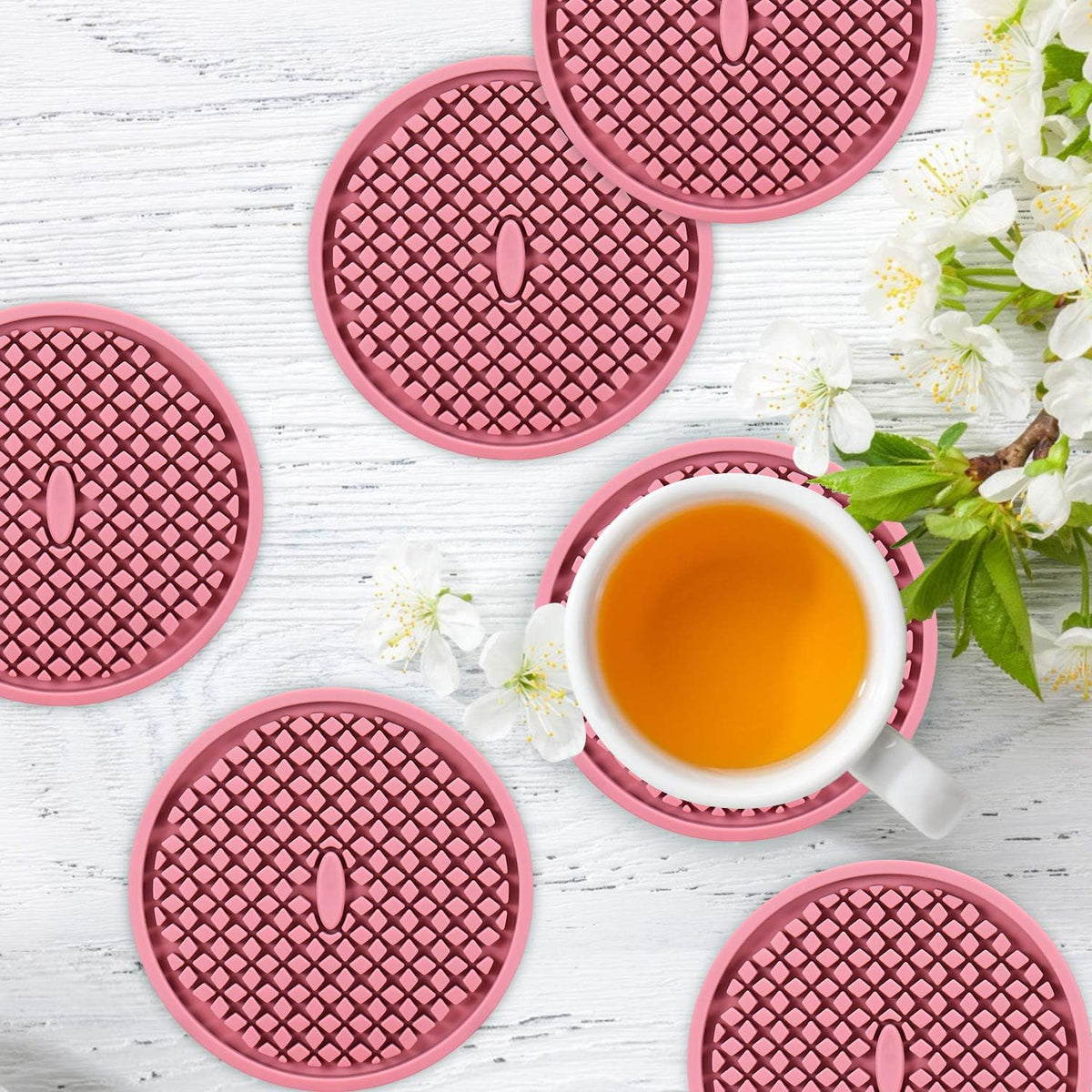 Silicone Coasters [6 Pack] Thickened Drink Coasters with Holder - Cup Mat - Non-Slip, Non-stick, Stay Put, Deep Tray - Prevents Furniture and Tabletop Damages(Pink)