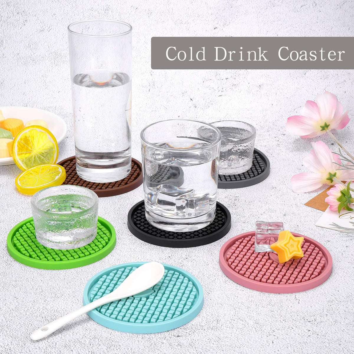 Silicone Coasters [6 Pack] Thickened Drink Coasters with Holder - Cup Mat - Non-Slip, Non-stick, Stay Put, Deep Tray - Prevents Furniture and Tabletop Damages(Pink)