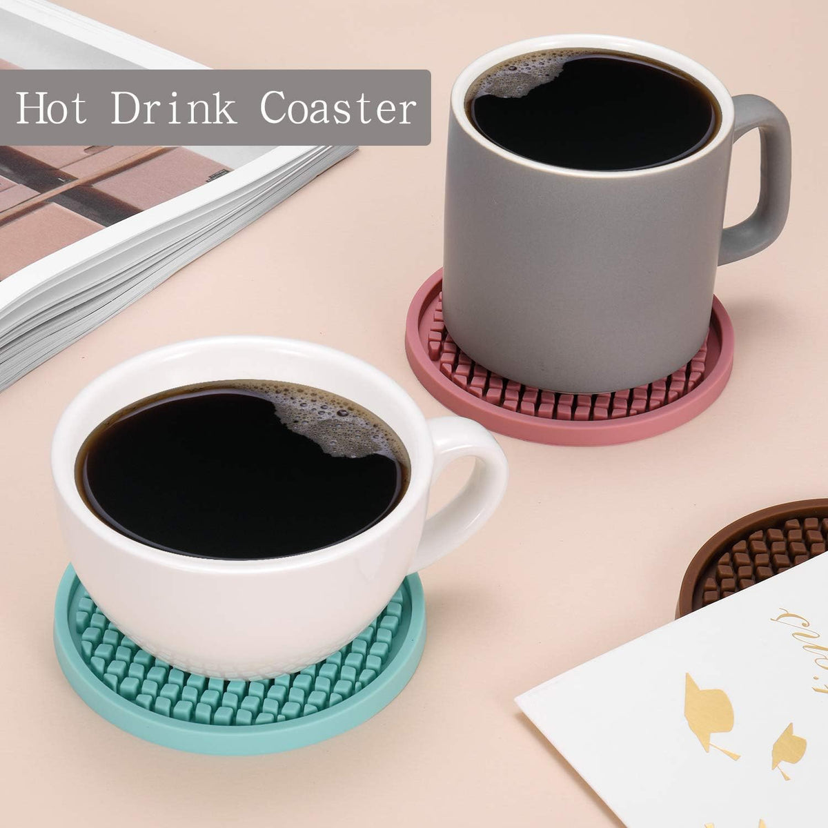 Silicone Coasters [6 Pack] Thickened Drink Coasters with Holder - Cup Mat - Non-Slip, Non-stick, Stay Put, Deep Tray - Prevents Furniture and Tabletop Damages(Pink)