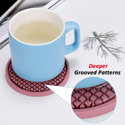 Silicone Coasters [6 Pack] Thickened Drink Coasters with Holder - Cup Mat - Non-Slip, Non-stick, Stay Put, Deep Tray - Prevents Furniture and Tabletop Damages(Pink)