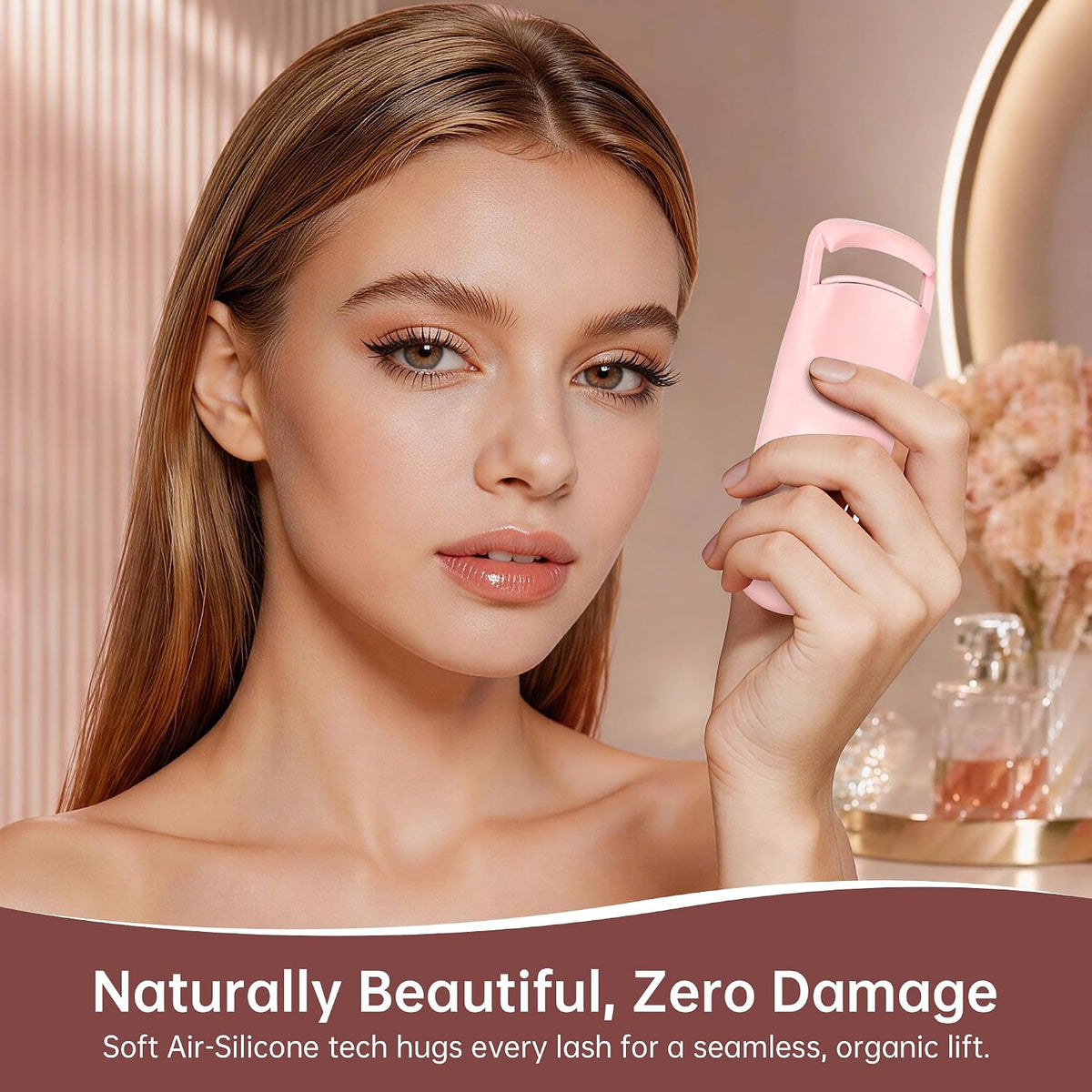 Heated Eyelash Curler, 10s Fast Heating Portable Electric Lash Curler, Type-C Rechargeable Travel Eye Lash Curlers with Anti-Scalding Silicone Pad, 2 Temp Modes & 24H Long Lasting Curves (Pink)