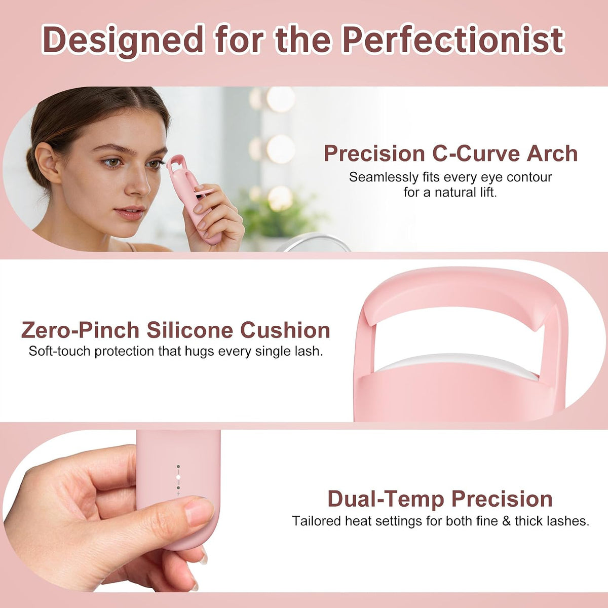 Heated Eyelash Curler, 10s Fast Heating Portable Electric Lash Curler, Type-C Rechargeable Travel Eye Lash Curlers with Anti-Scalding Silicone Pad, 2 Temp Modes & 24H Long Lasting Curves (Pink)