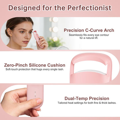 Heated Eyelash Curler, 10s Fast Heating Portable Electric Lash Curler, Type-C Rechargeable Travel Eye Lash Curlers with Anti-Scalding Silicone Pad, 2 Temp Modes & 24H Long Lasting Curves (Pink)