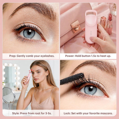Heated Eyelash Curler, 10s Fast Heating Portable Electric Lash Curler, Type-C Rechargeable Travel Eye Lash Curlers with Anti-Scalding Silicone Pad, 2 Temp Modes & 24H Long Lasting Curves (Pink)