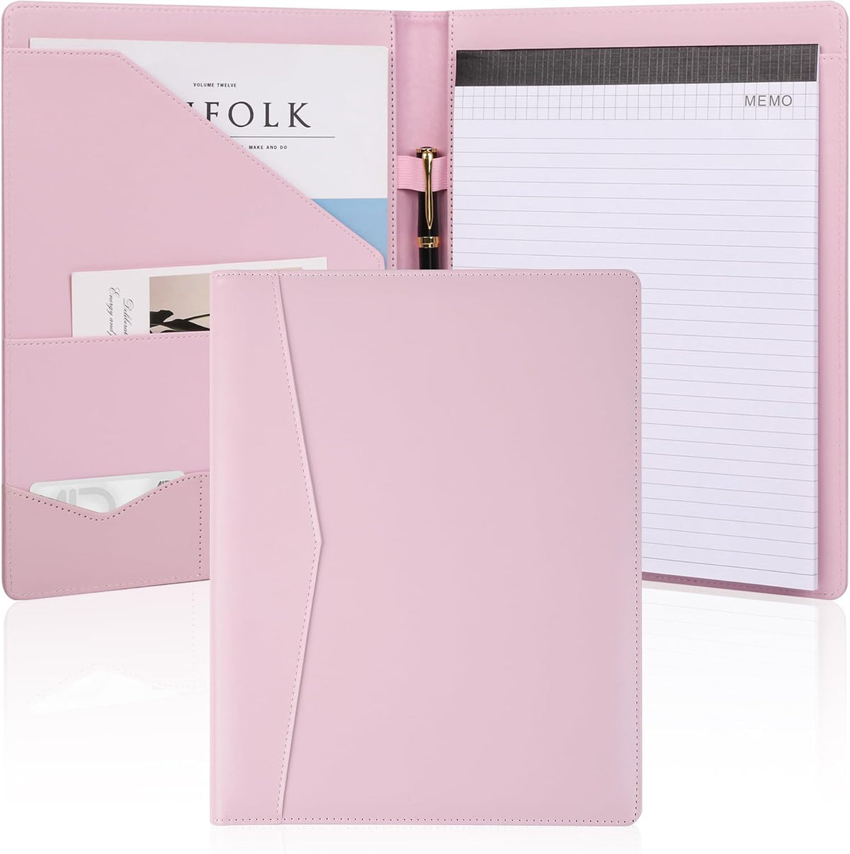 Padfolio Portfolio Leather Binder, Interview Legal Document Organizer, Business Card Holder Included Letter Sized Writing Pad [Pink, Piano Noir Faux Leather Matte Finish]