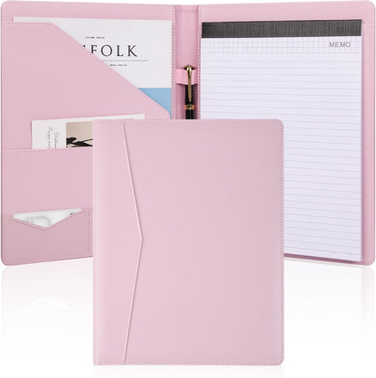 Padfolio Portfolio Leather Binder, Interview Legal Document Organizer, Business Card Holder Included Letter Sized Writing Pad [Pink, Piano Noir Faux Leather Matte Finish]
