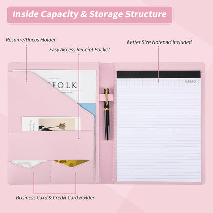 Padfolio Portfolio Leather Binder, Interview Legal Document Organizer, Business Card Holder Included Letter Sized Writing Pad [Pink, Piano Noir Faux Leather Matte Finish]