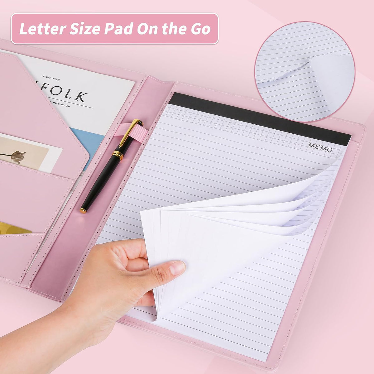 Padfolio Portfolio Leather Binder, Interview Legal Document Organizer, Business Card Holder Included Letter Sized Writing Pad [Pink, Piano Noir Faux Leather Matte Finish]