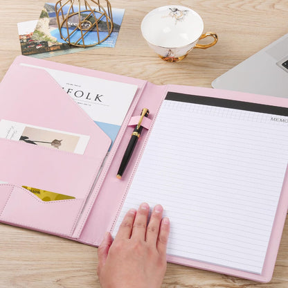 Padfolio Portfolio Leather Binder, Interview Legal Document Organizer, Business Card Holder Included Letter Sized Writing Pad [Pink, Piano Noir Faux Leather Matte Finish]