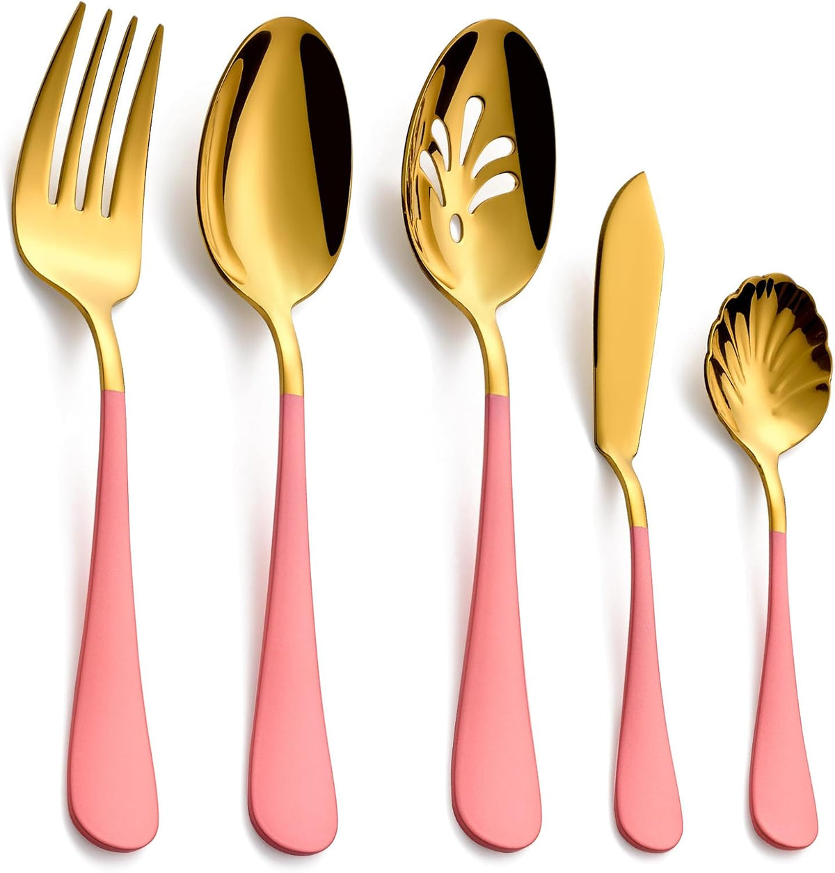 10-Piece Pink & Gold Flatware Serving Set, 18/0 Stainless Steel Colorful Handle, Includes Serving Fork, Solid & Pierced Serving Spoon, Sugar Spoon,Butter Knife,Mirror Polished,Dishwasher Safe