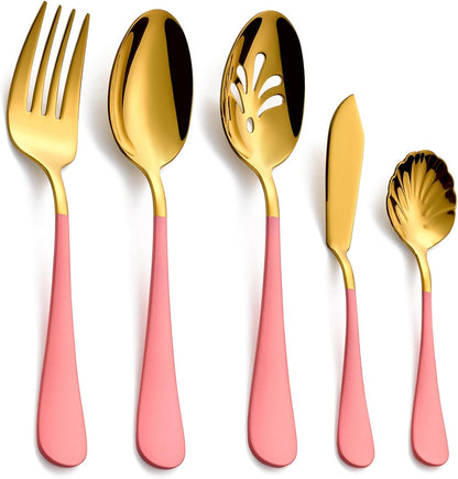 10-Piece Pink & Gold Flatware Serving Set, 18/0 Stainless Steel Colorful Handle, Includes Serving Fork, Solid & Pierced Serving Spoon, Sugar Spoon,Butter Knife,Mirror Polished,Dishwasher Safe