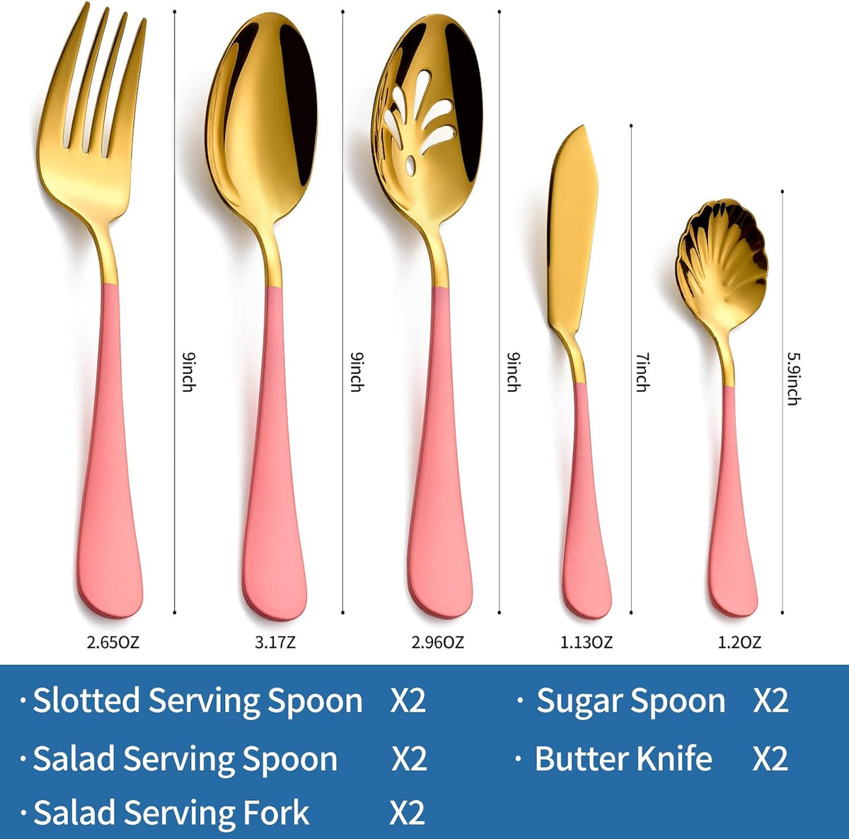 10-Piece Pink & Gold Flatware Serving Set, 18/0 Stainless Steel Colorful Handle, Includes Serving Fork, Solid & Pierced Serving Spoon, Sugar Spoon,Butter Knife,Mirror Polished,Dishwasher Safe