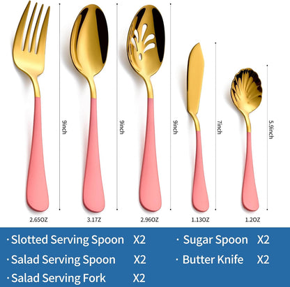 10-Piece Pink & Gold Flatware Serving Set, 18/0 Stainless Steel Colorful Handle, Includes Serving Fork, Solid & Pierced Serving Spoon, Sugar Spoon,Butter Knife,Mirror Polished,Dishwasher Safe