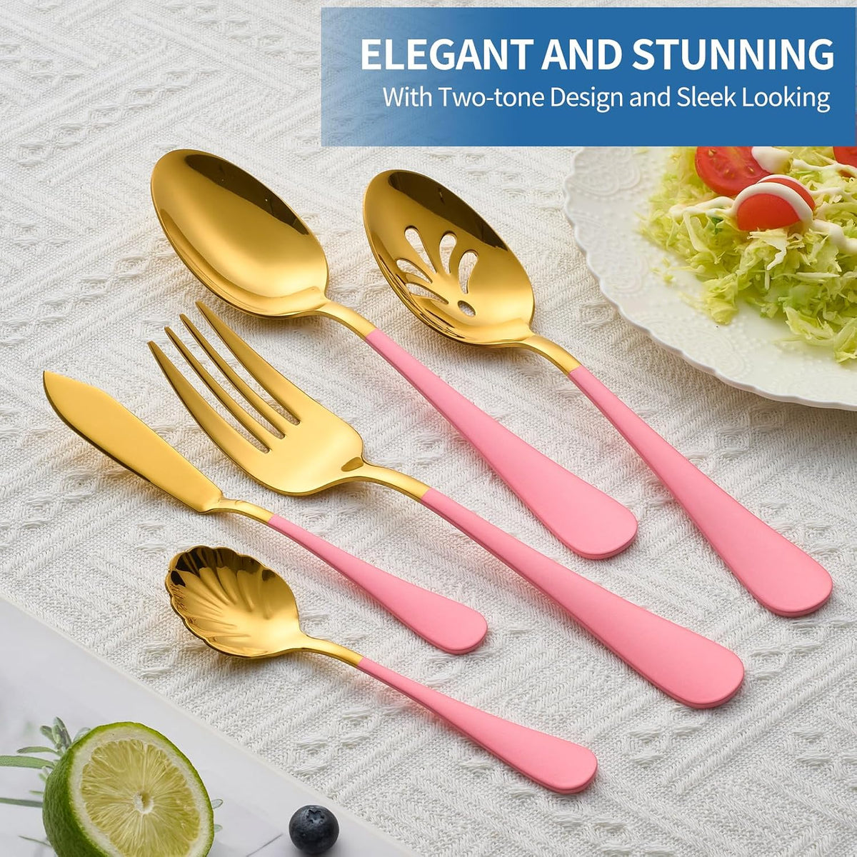 10-Piece Pink & Gold Flatware Serving Set, 18/0 Stainless Steel Colorful Handle, Includes Serving Fork, Solid & Pierced Serving Spoon, Sugar Spoon,Butter Knife,Mirror Polished,Dishwasher Safe