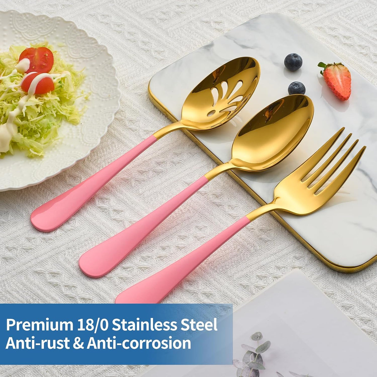 10-Piece Pink & Gold Flatware Serving Set, 18/0 Stainless Steel Colorful Handle, Includes Serving Fork, Solid & Pierced Serving Spoon, Sugar Spoon,Butter Knife,Mirror Polished,Dishwasher Safe