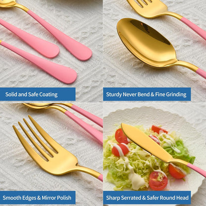 10-Piece Pink & Gold Flatware Serving Set, 18/0 Stainless Steel Colorful Handle, Includes Serving Fork, Solid & Pierced Serving Spoon, Sugar Spoon,Butter Knife,Mirror Polished,Dishwasher Safe