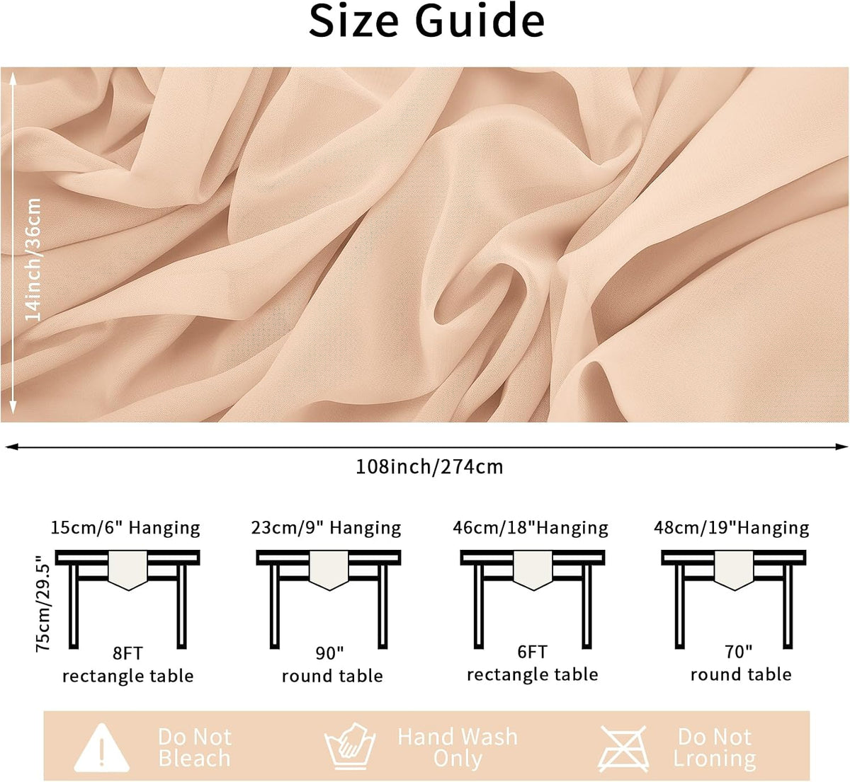 12 Pack Chiffon Table Runner 14x108 Inch Long 9ft Sheer Table Runners for Party Romantic Wedding Bridal Shower Fall Decorations-Peach