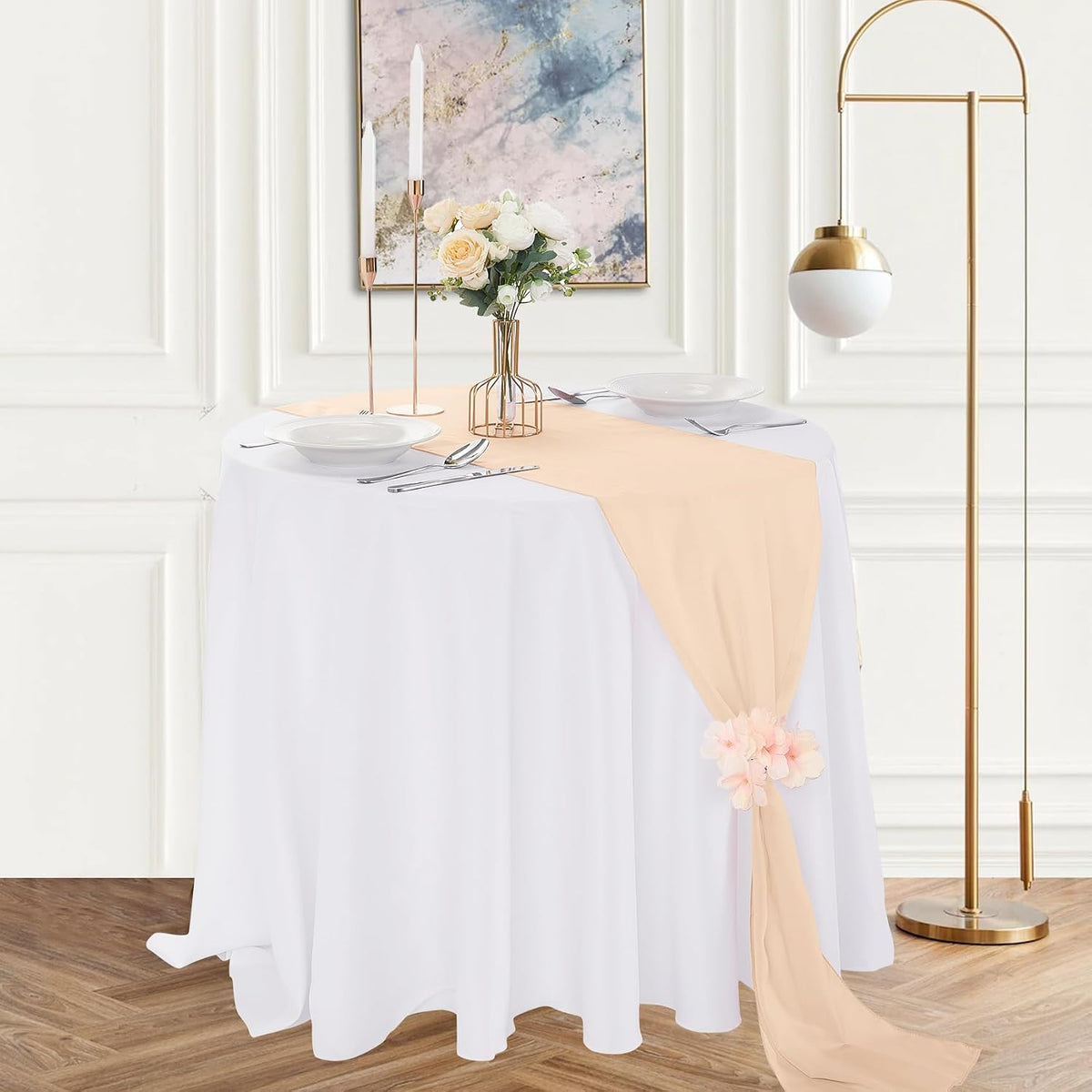 12 Pack Chiffon Table Runner 14x108 Inch Long 9ft Sheer Table Runners for Party Romantic Wedding Bridal Shower Fall Decorations-Peach