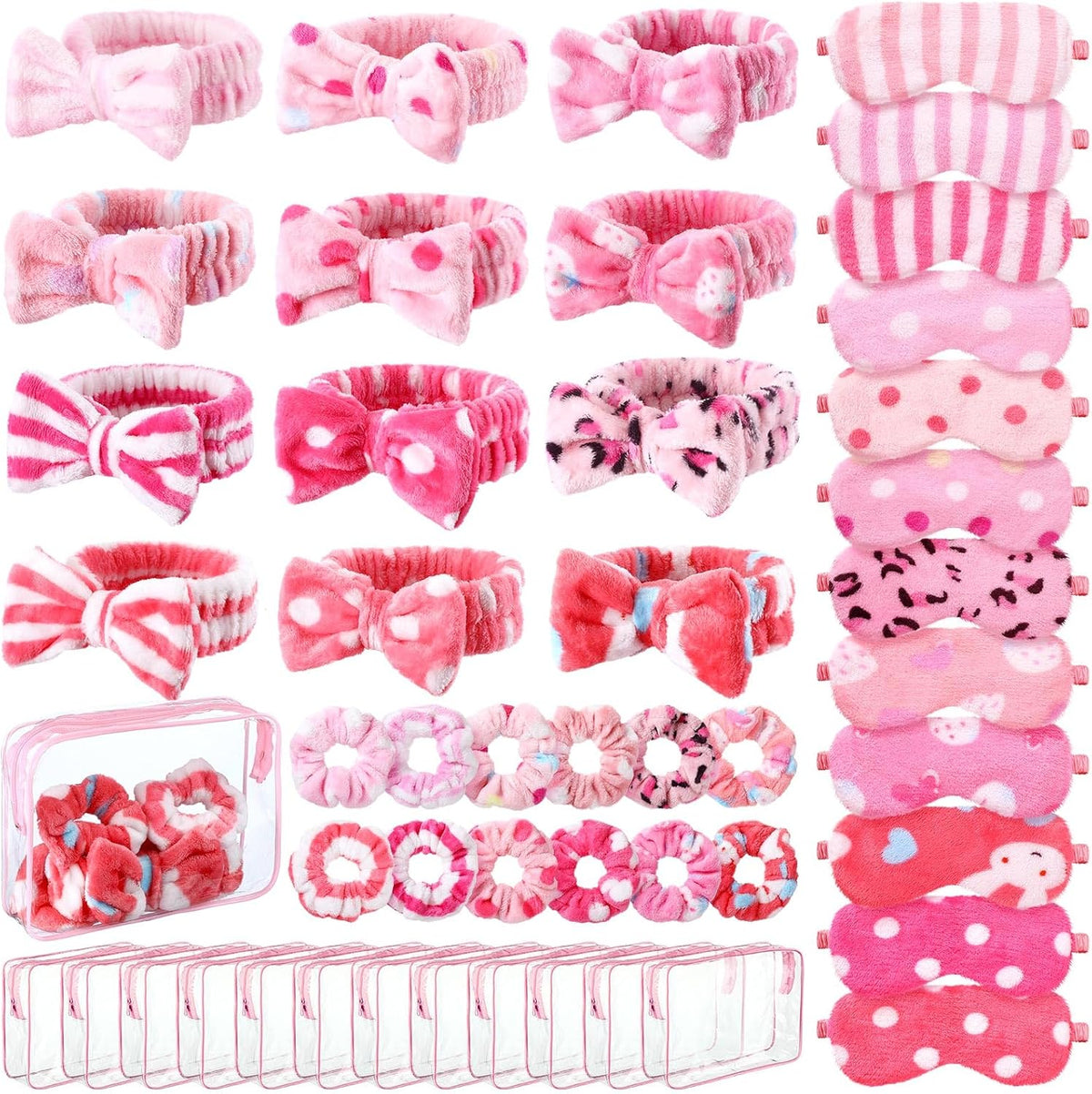 48 Pcs Spa Party Supplies for Girls Spa Party Favor Sleepover Slumber Supplies for Women Headband Eye Mask Hair Scrunchies Toiletry Bag(Pink,Lovely)