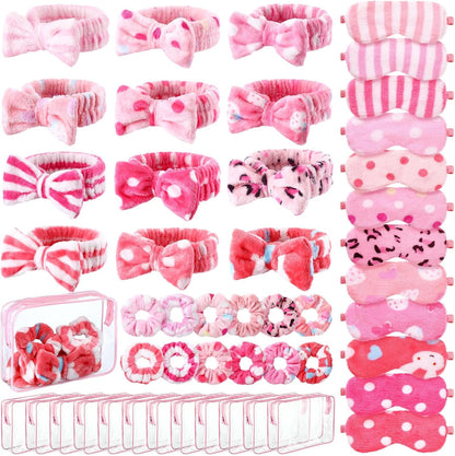 48 Pcs Spa Party Supplies for Girls Spa Party Favor Sleepover Slumber Supplies for Women Headband Eye Mask Hair Scrunchies Toiletry Bag(Pink,Lovely)