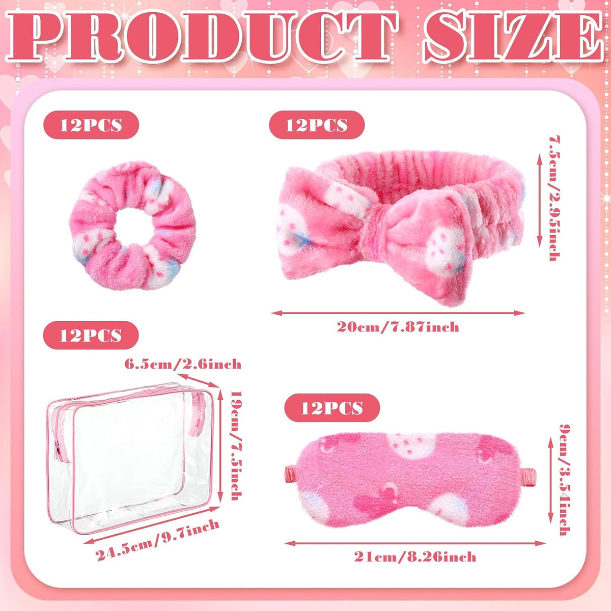 48 Pcs Spa Party Supplies for Girls Spa Party Favor Sleepover Slumber Supplies for Women Headband Eye Mask Hair Scrunchies Toiletry Bag(Pink,Lovely)