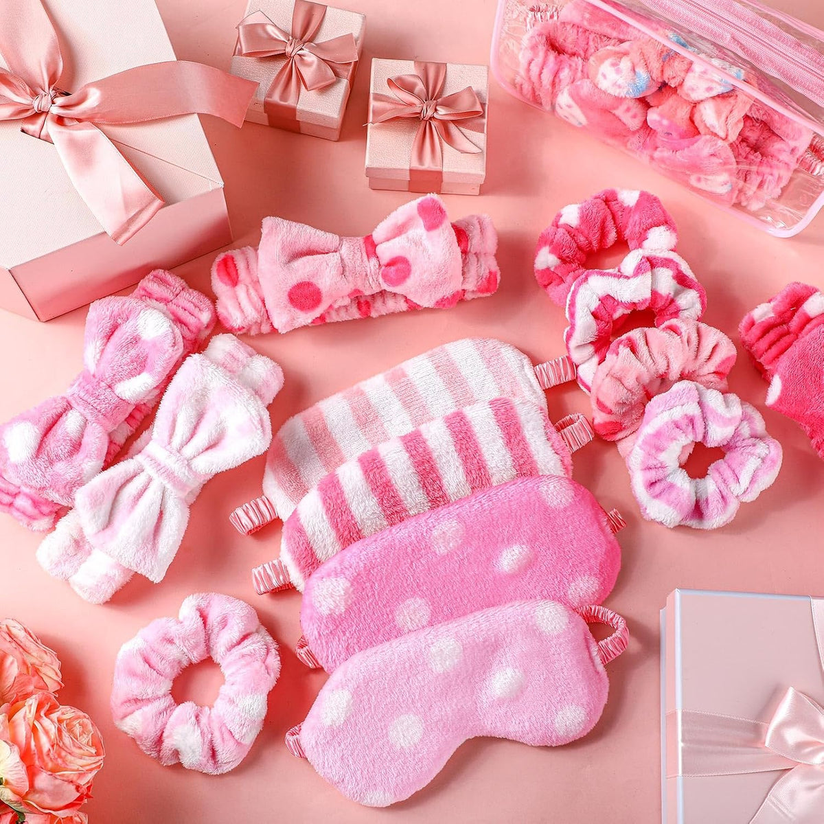 48 Pcs Spa Party Supplies for Girls Spa Party Favor Sleepover Slumber Supplies for Women Headband Eye Mask Hair Scrunchies Toiletry Bag(Pink,Lovely)