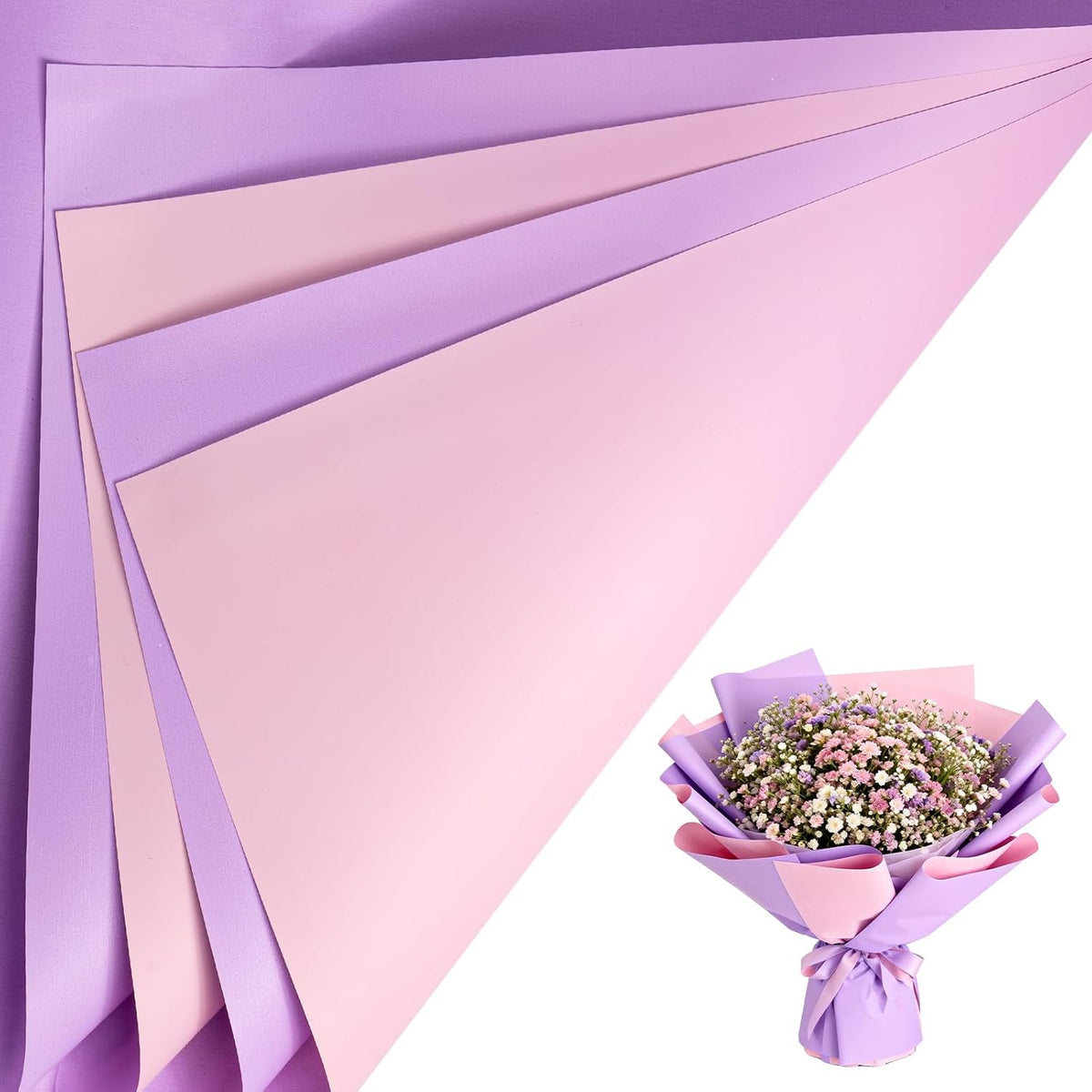 Blush Pink Purple Gradient Flower Wrapping Paper, 20 Sheets Waterproof Reversible Floral Wrap for Bouquets, Valentines Day, Mothers Day, Wedding, Birthday, Baby Shower, 22.8 x 19.7 in