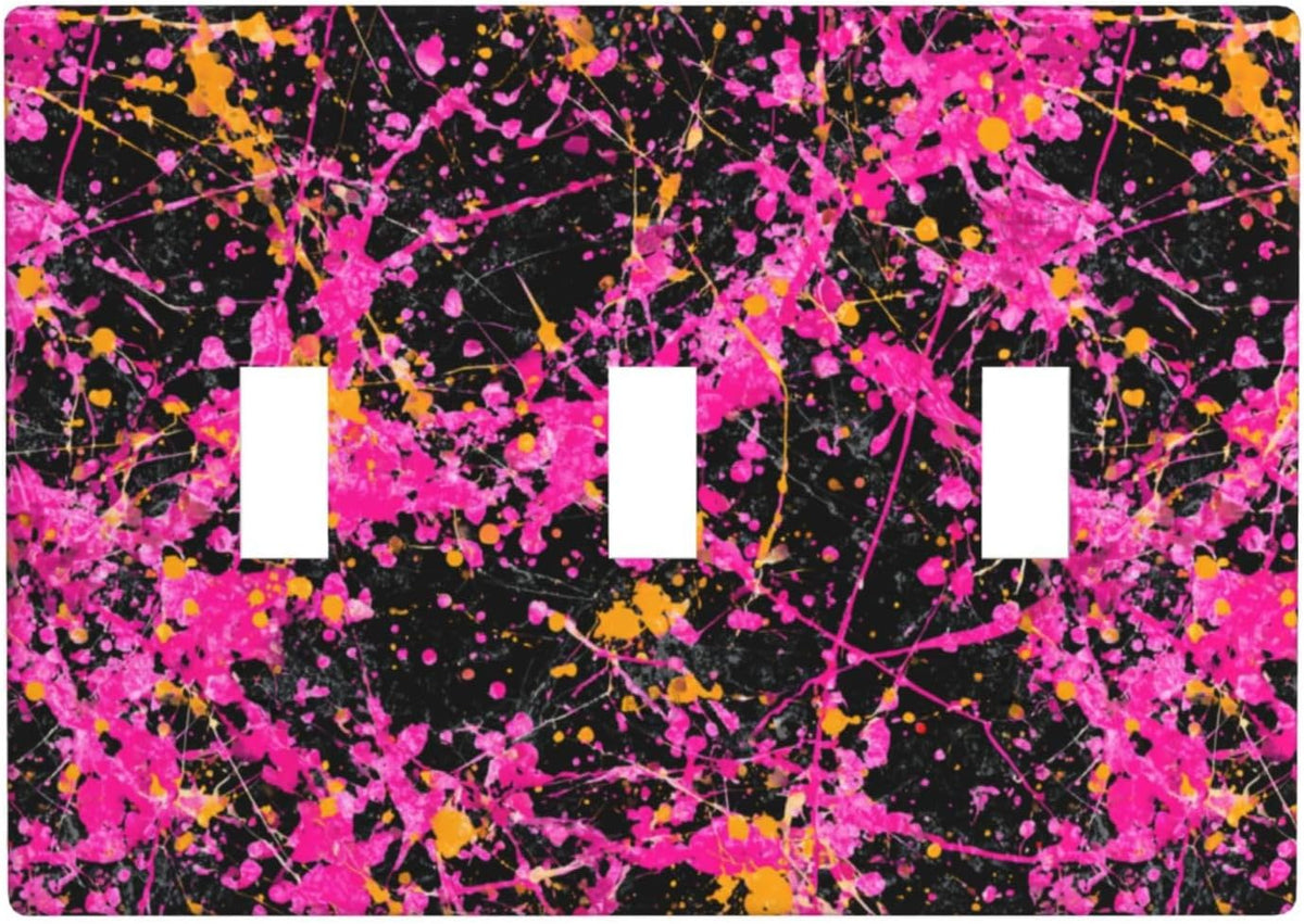 Neon Pink Abstract Paint Splatter Light Switch Covers 3 Gang Triple Toggle Wall Plate Switchplate Electrical Faceplate For Bathroom Kitchen Bedroom Decor