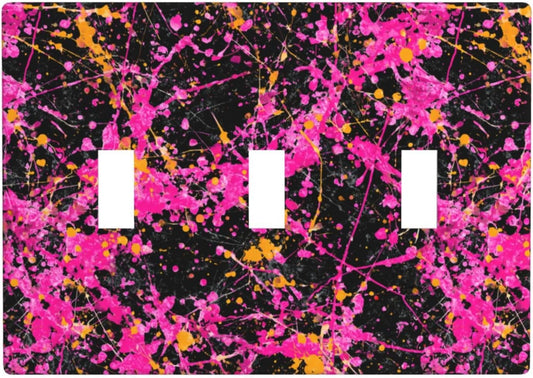 Neon Pink Abstract Paint Splatter Light Switch Covers 3 Gang Triple Toggle Wall Plate Switchplate Electrical Faceplate For Bathroom Kitchen Bedroom Decor