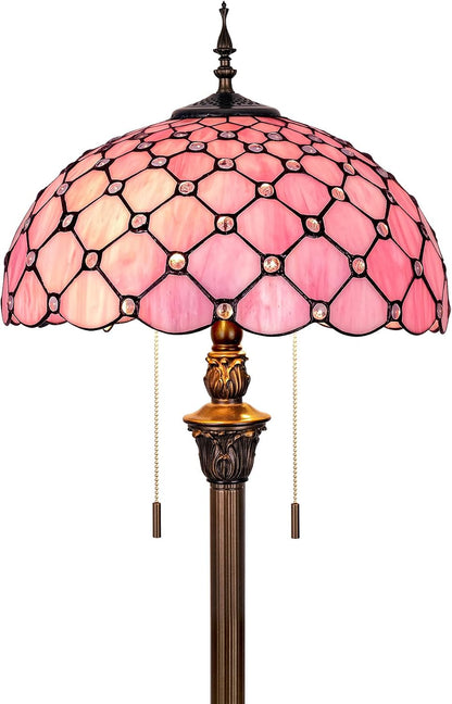 Tiffany Floor Lamp Stained Glass Pearls Beads Standing Reading Light 16x16x64 Inch Retro Inspired Pole Corner Lighting Art Decor for Bedroom Living Room Home Office (Pink)