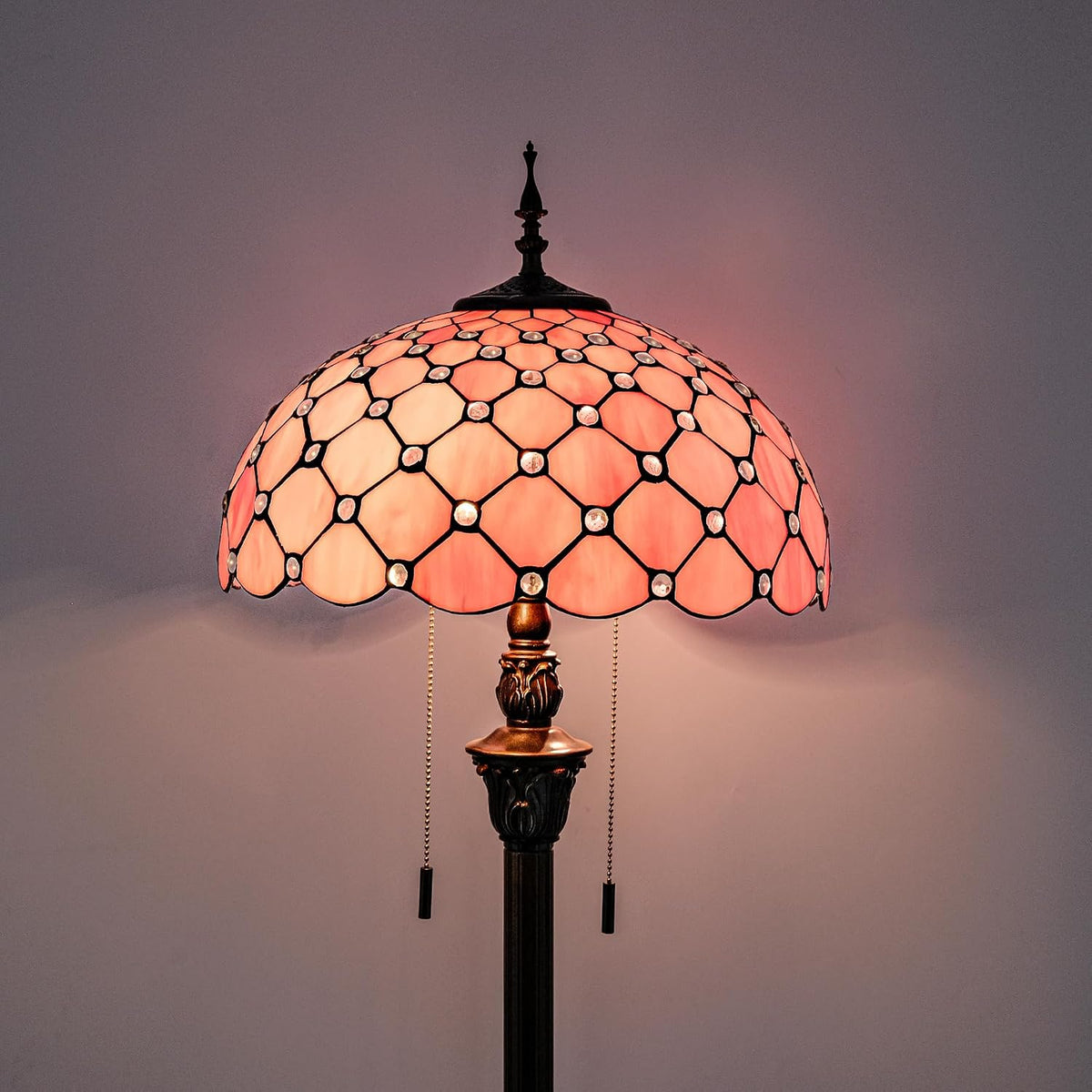 Tiffany Floor Lamp Stained Glass Pearls Beads Standing Reading Light 16x16x64 Inch Retro Inspired Pole Corner Lighting Art Decor for Bedroom Living Room Home Office (Pink)
