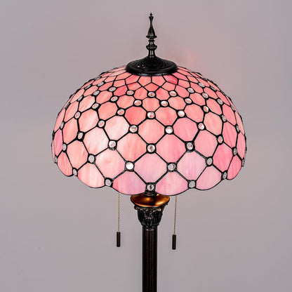 Tiffany Floor Lamp Stained Glass Pearls Beads Standing Reading Light 16x16x64 Inch Retro Inspired Pole Corner Lighting Art Decor for Bedroom Living Room Home Office (Pink)