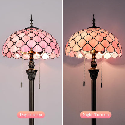 Tiffany Floor Lamp Stained Glass Pearls Beads Standing Reading Light 16x16x64 Inch Retro Inspired Pole Corner Lighting Art Decor for Bedroom Living Room Home Office (Pink)