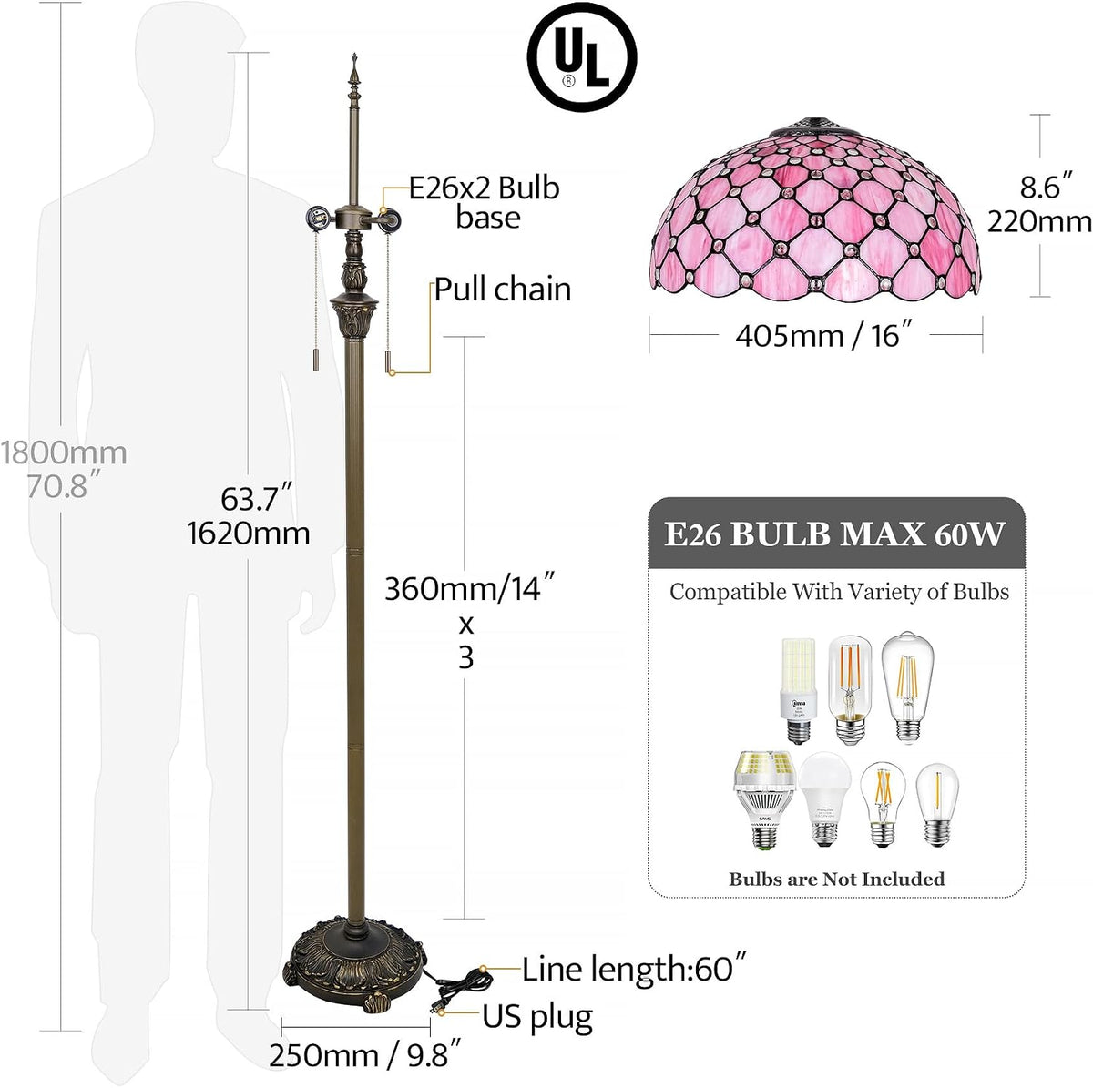Tiffany Floor Lamp Stained Glass Pearls Beads Standing Reading Light 16x16x64 Inch Retro Inspired Pole Corner Lighting Art Decor for Bedroom Living Room Home Office (Pink)