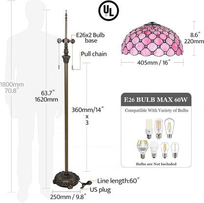Tiffany Floor Lamp Stained Glass Pearls Beads Standing Reading Light 16x16x64 Inch Retro Inspired Pole Corner Lighting Art Decor for Bedroom Living Room Home Office (Pink)